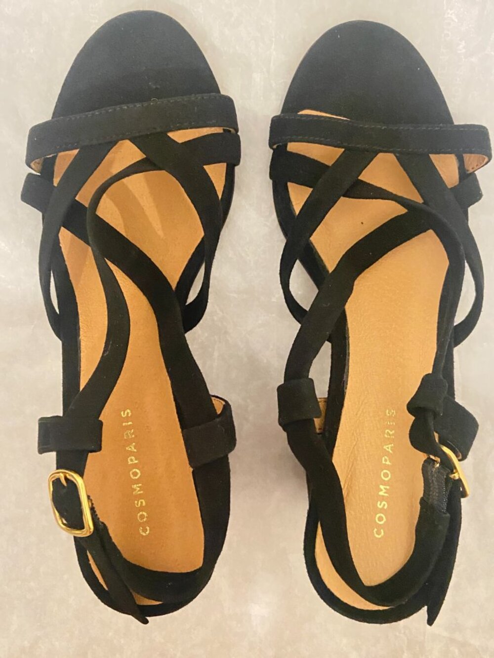 NEW COSMOPARIS Black Leather Strappy Criss Cross Suede 4 inch Heels (FR35 US5)